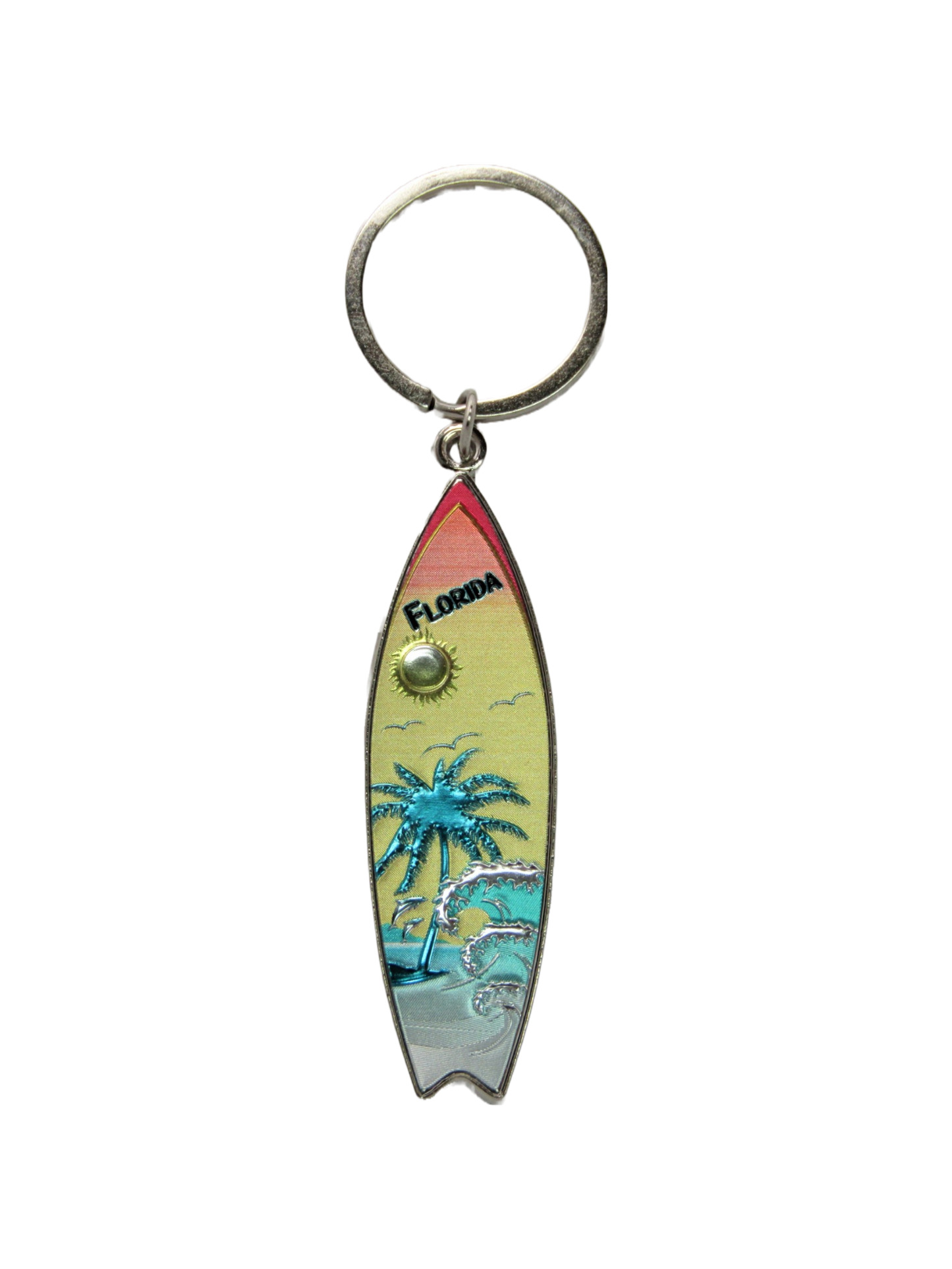 MK1134 FLA METAL KEYCHAIN SURFBOARD PALM WAVE